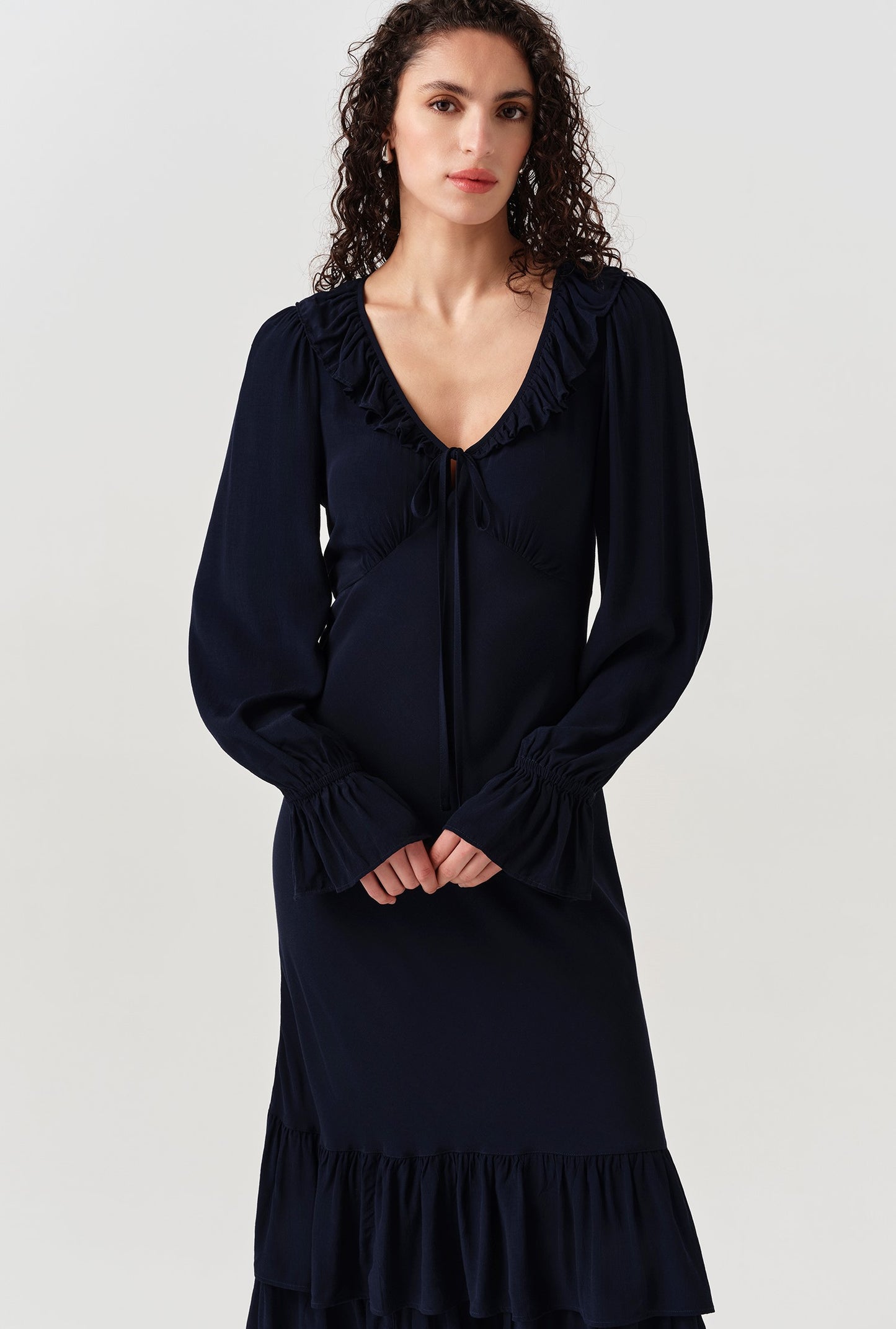 Melina Crepe Ruffle Hem Midi Dress
