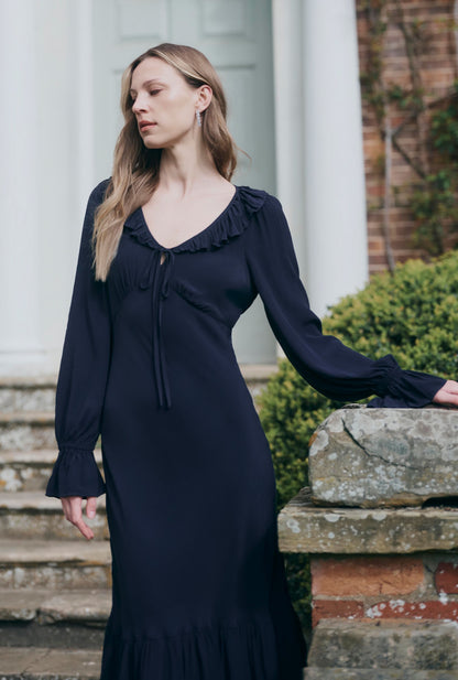 Melina Crepe Ruffle Hem Midi Dress