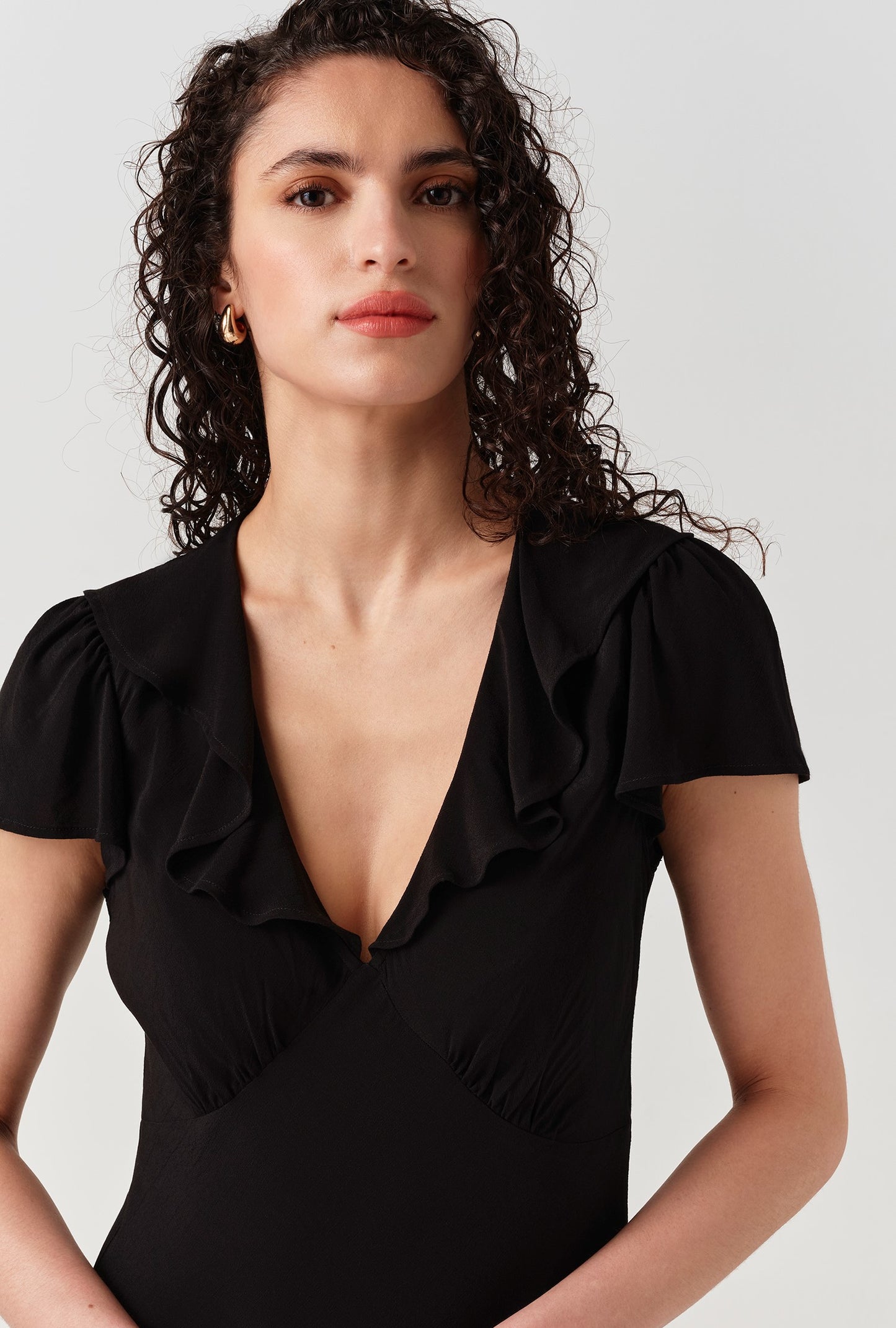 Kimmy Frill Neck Crepe Midi Dress