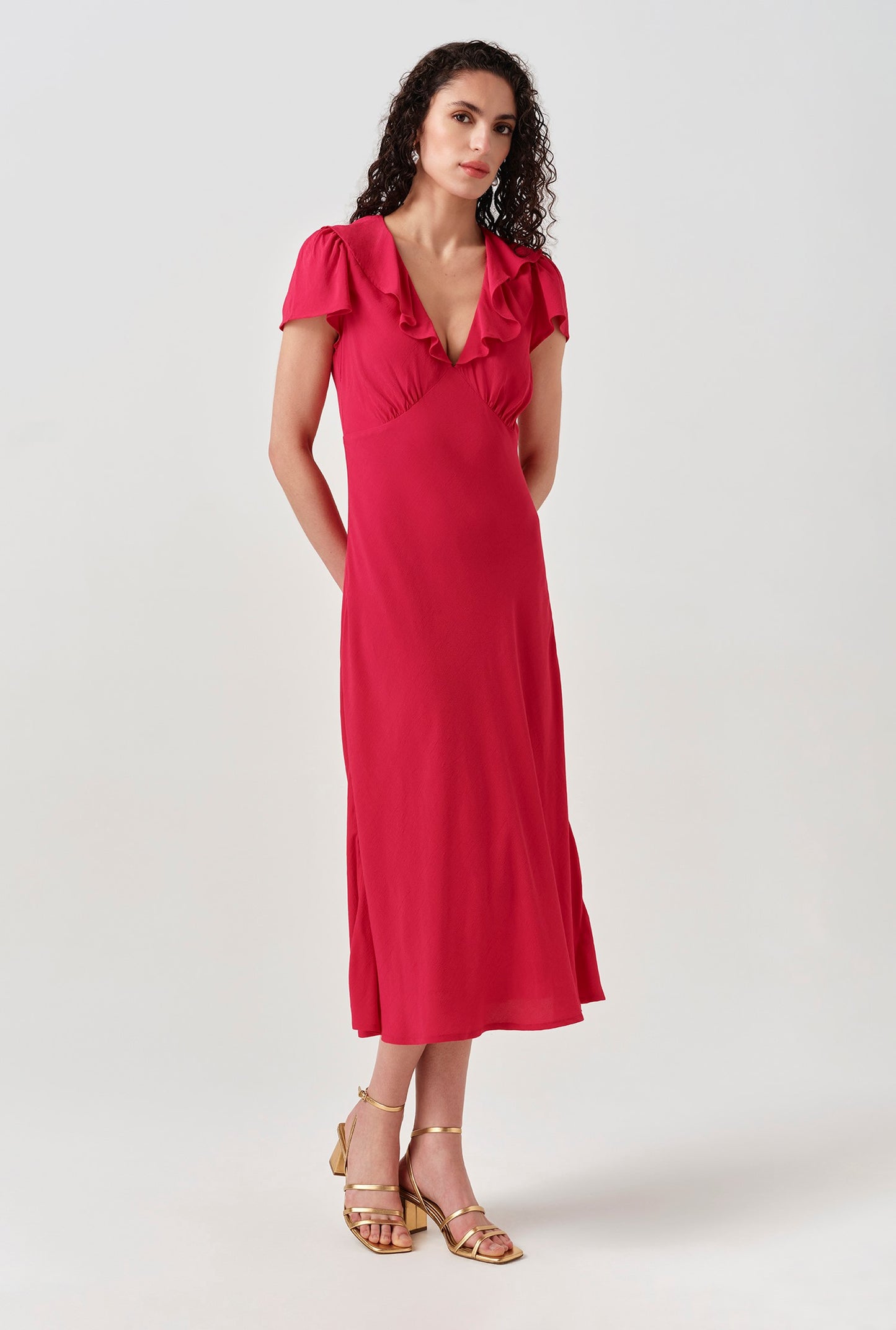 Kimmy Frill Neck Crepe Midi Dress