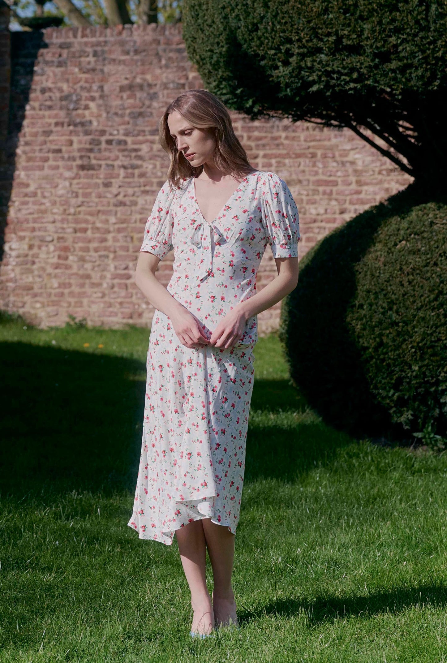 Dorothy Floral Bow Crepe Midi Dress