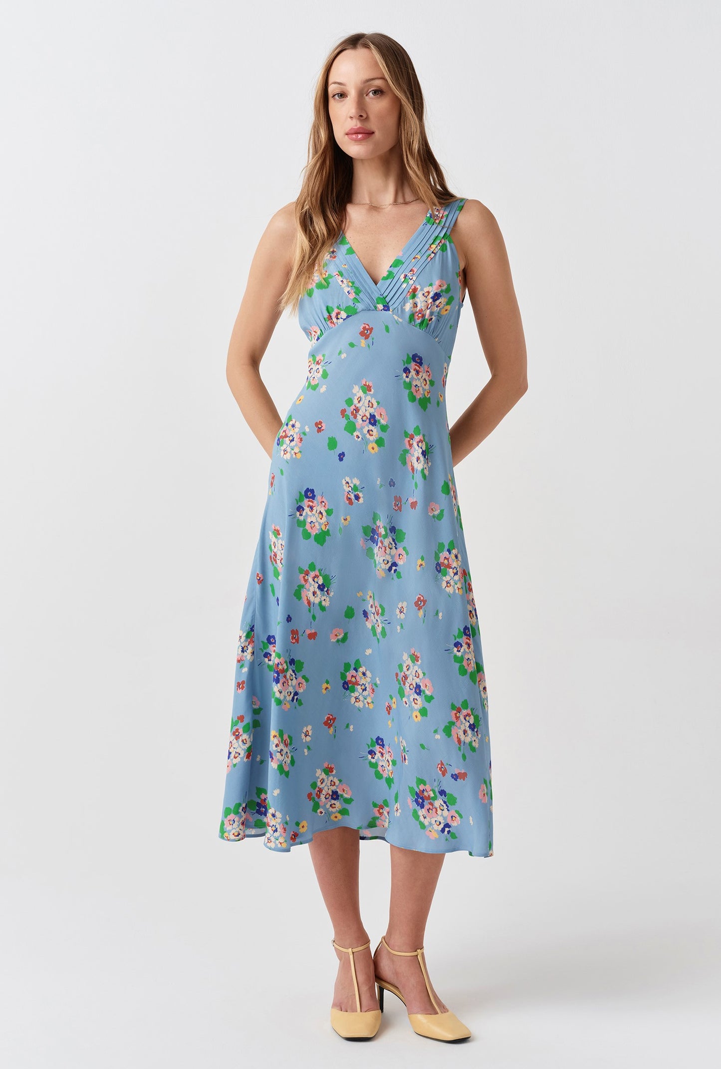 Elise Floral Pintuck Crepe Midi Dress