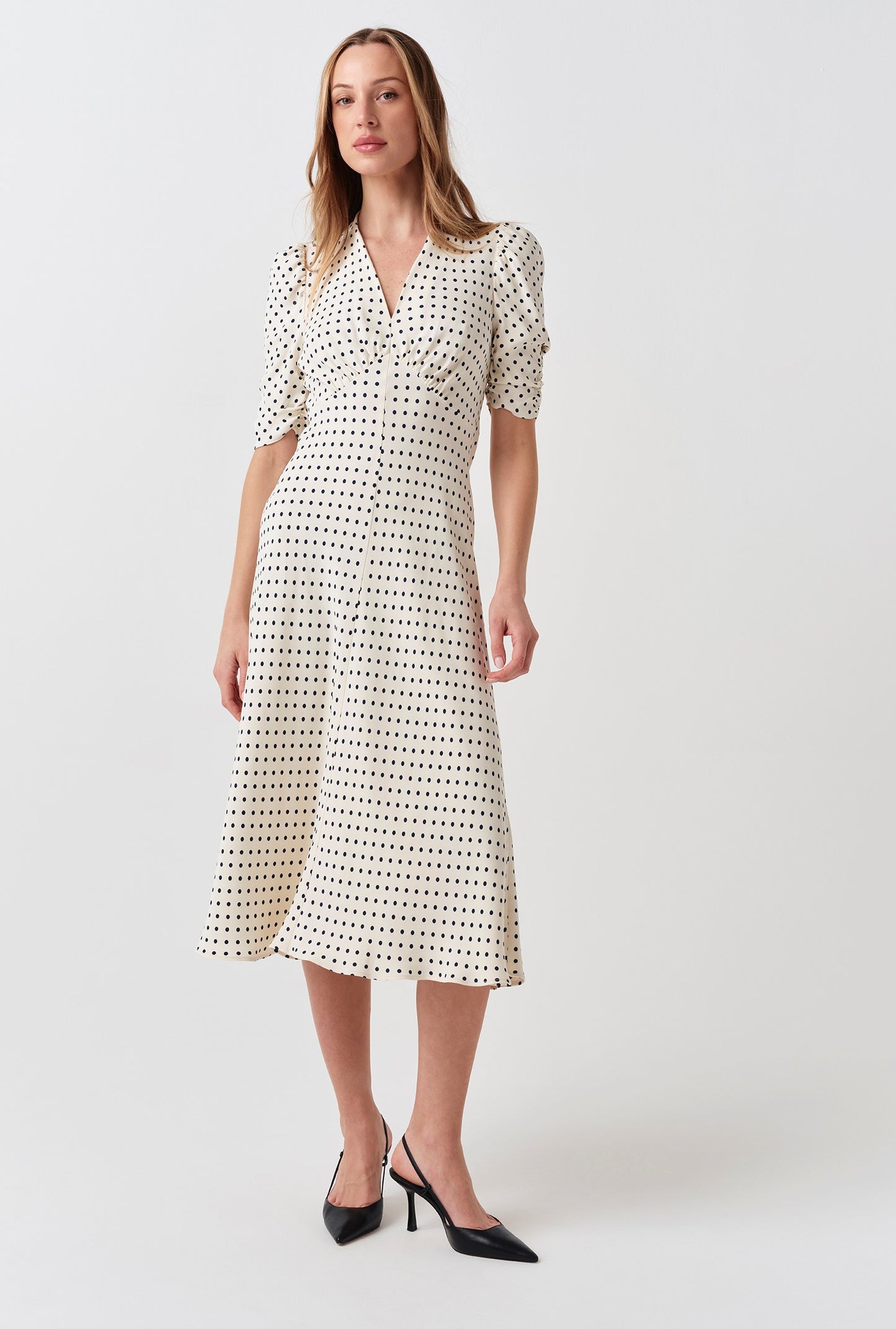 Mia Polka Dot Crepe V Neck Midi Dress