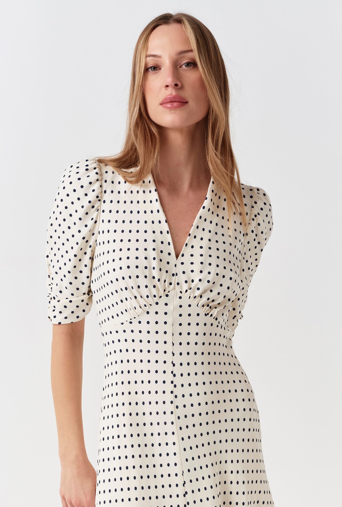 Mia Polka Dot Crepe V Neck Midi Dress
