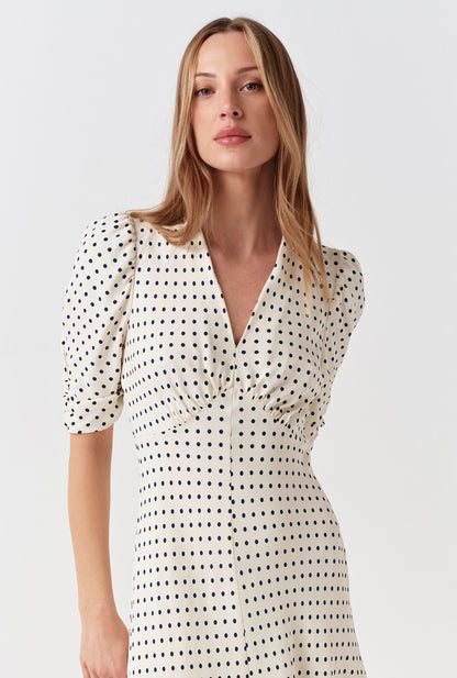 Mia Polka Dot Crepe V Neck Midi Dress