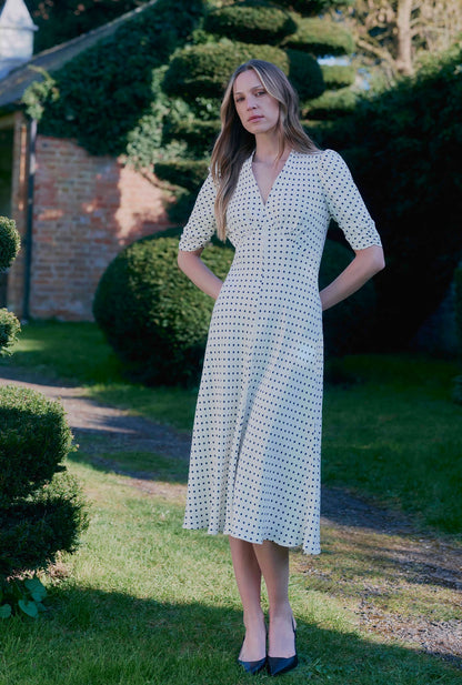 Mia Polka Dot Crepe V Neck Midi Dress
