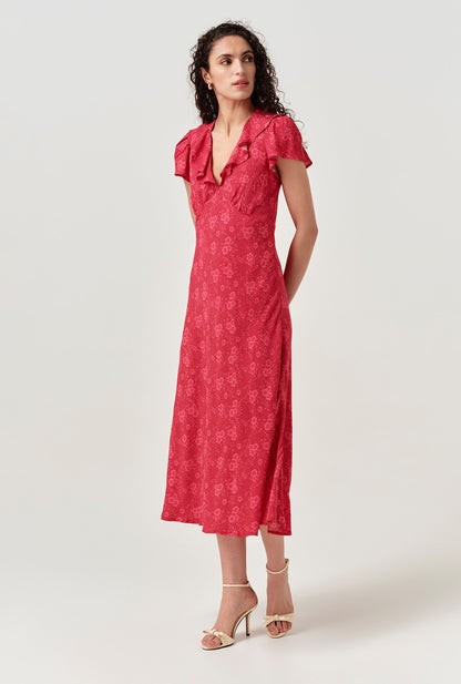 Kimmy Dotty Floral Frill Neck Crepe Midi Dress