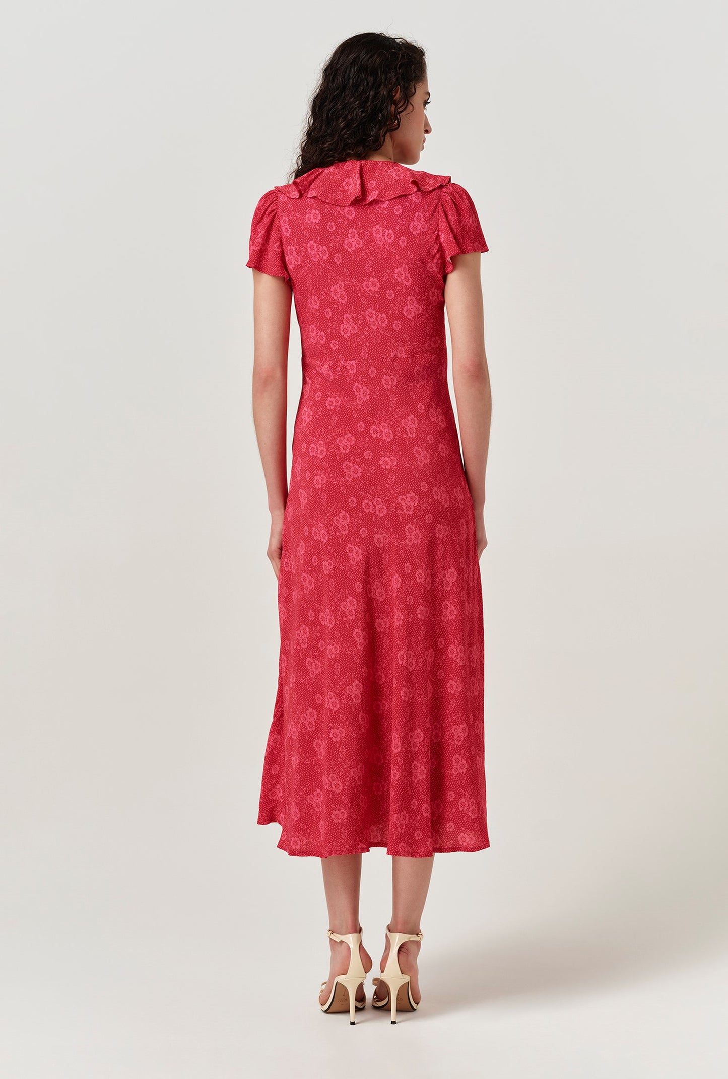 Kimmy Dotty Floral Frill Neck Crepe Midi Dress