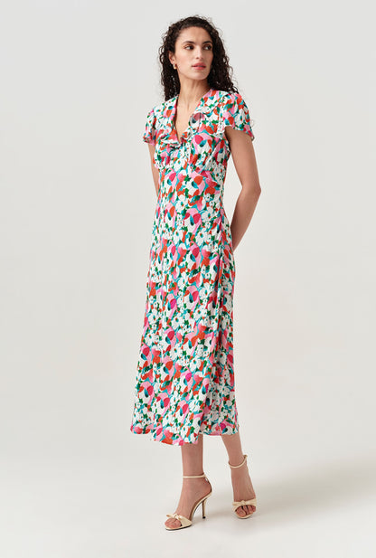 Kimmy Tulip Floral Frill Neck Crepe Midi Dress