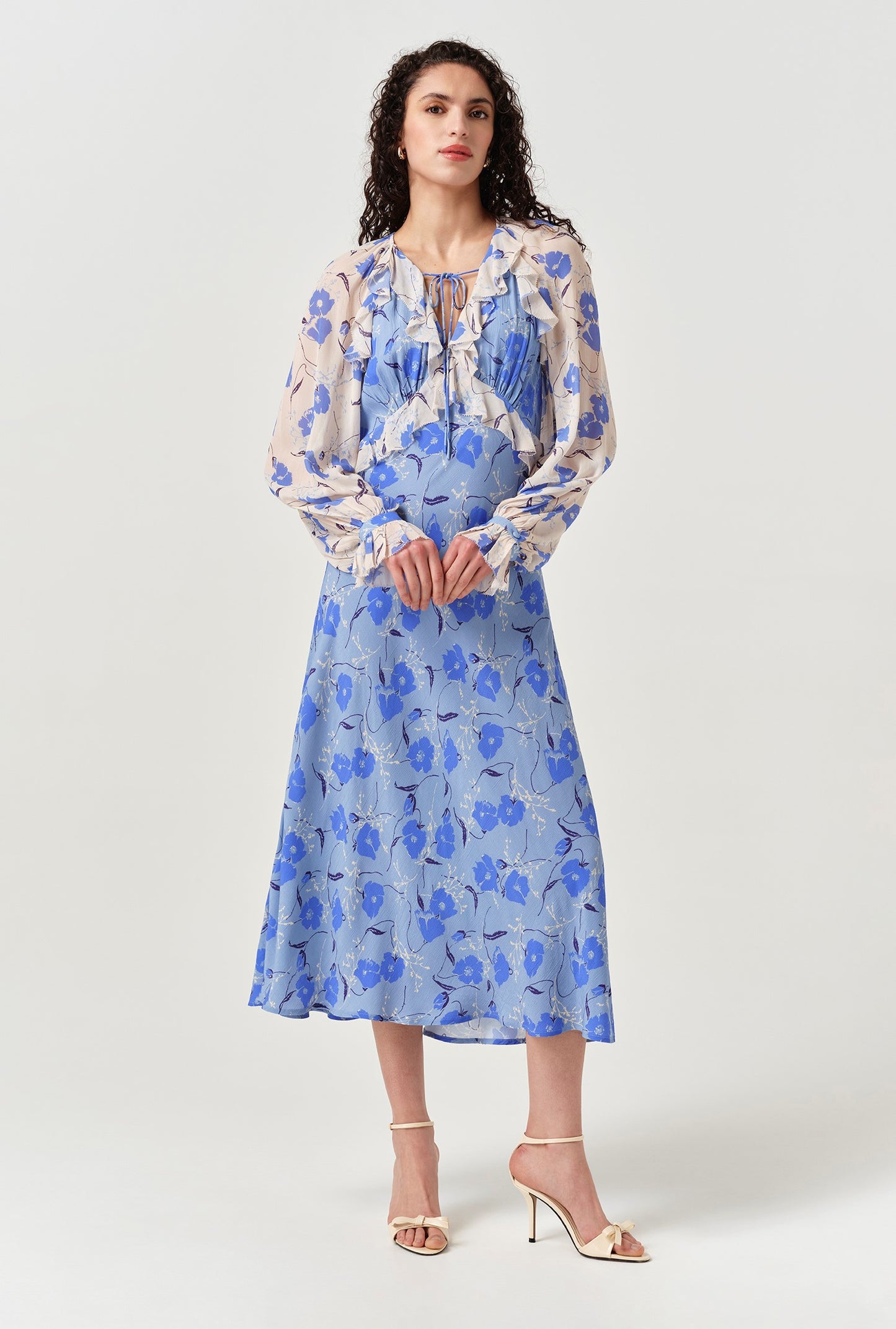 Naomi Floral Long Sleeve Frill Midi Dress