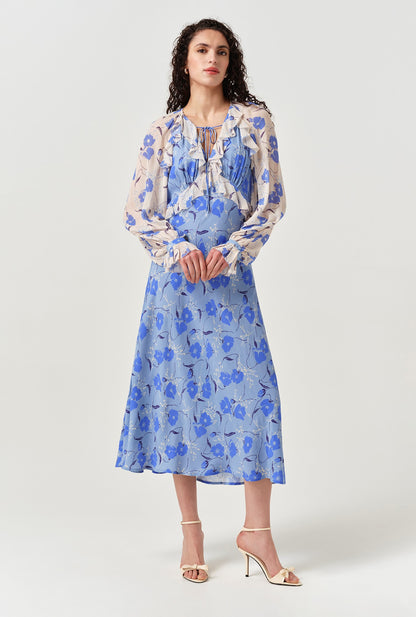 Naomi Floral Long Sleeve Frill Midi Dress