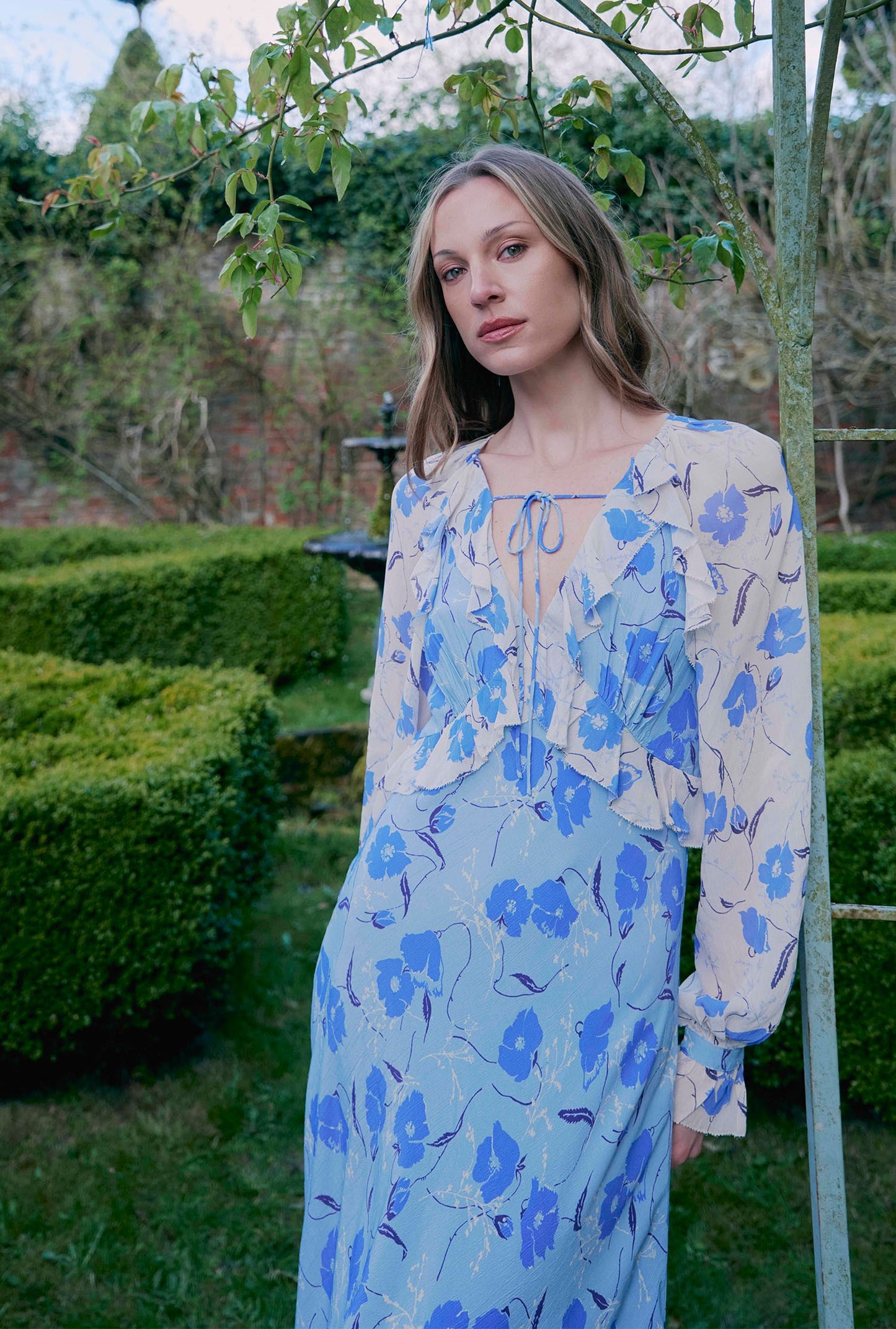 Naomi Floral Long Sleeve Frill Midi Dress