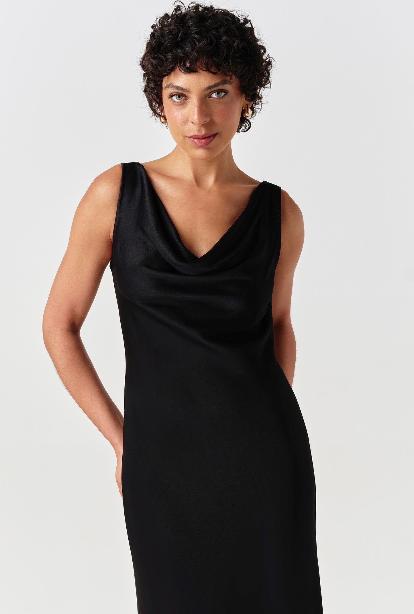 Arya Cowl Neck Satin Midi Dress