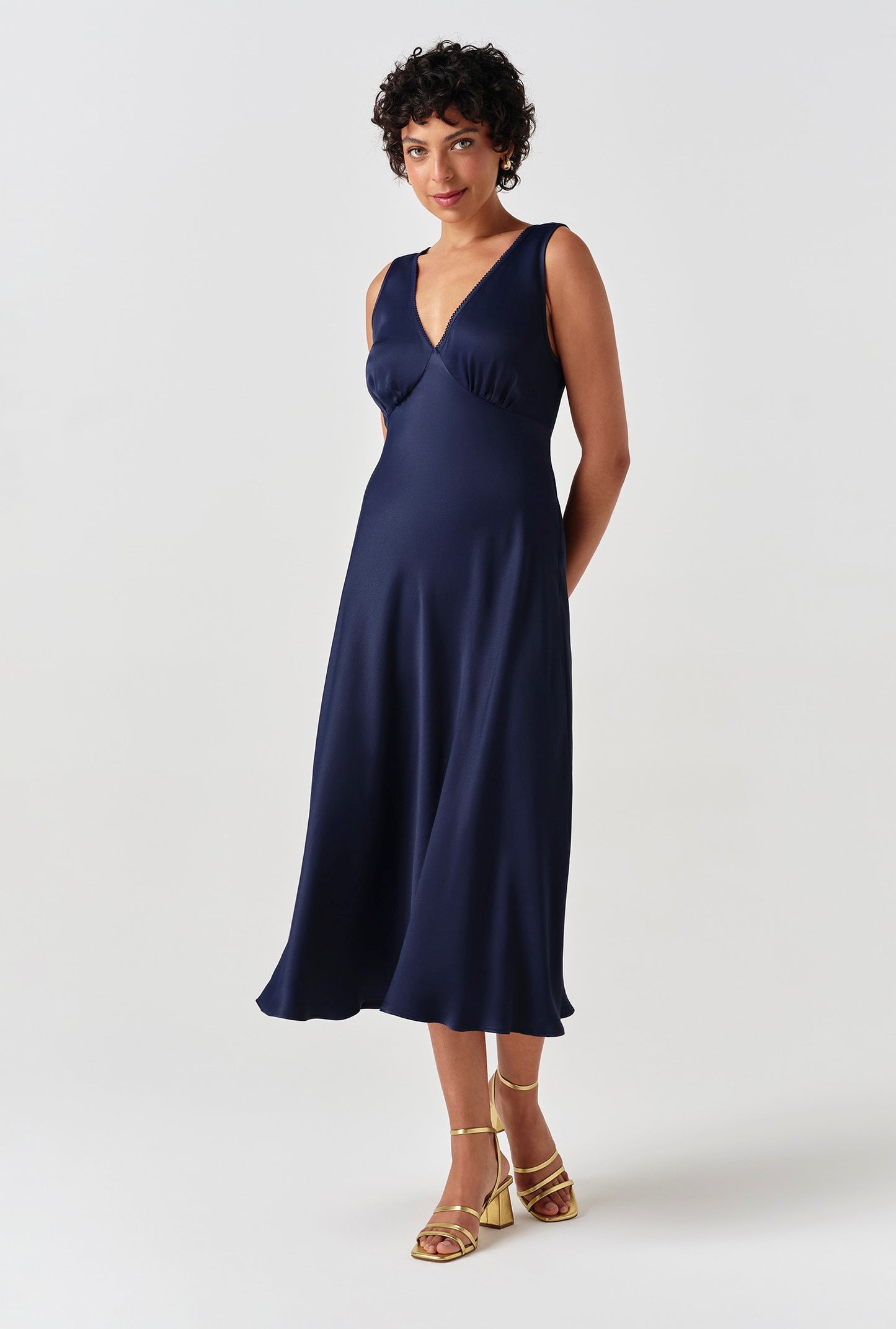 Alessia Picot V-Neck Satin Midi Dress
