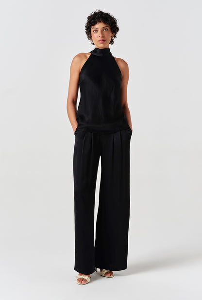 Andie Pleated Wide Leg Satin Trousers
