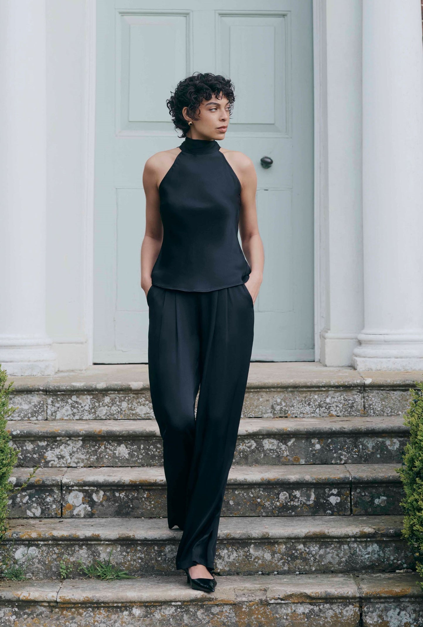 Andie Pleated Wide Leg Satin Trousers