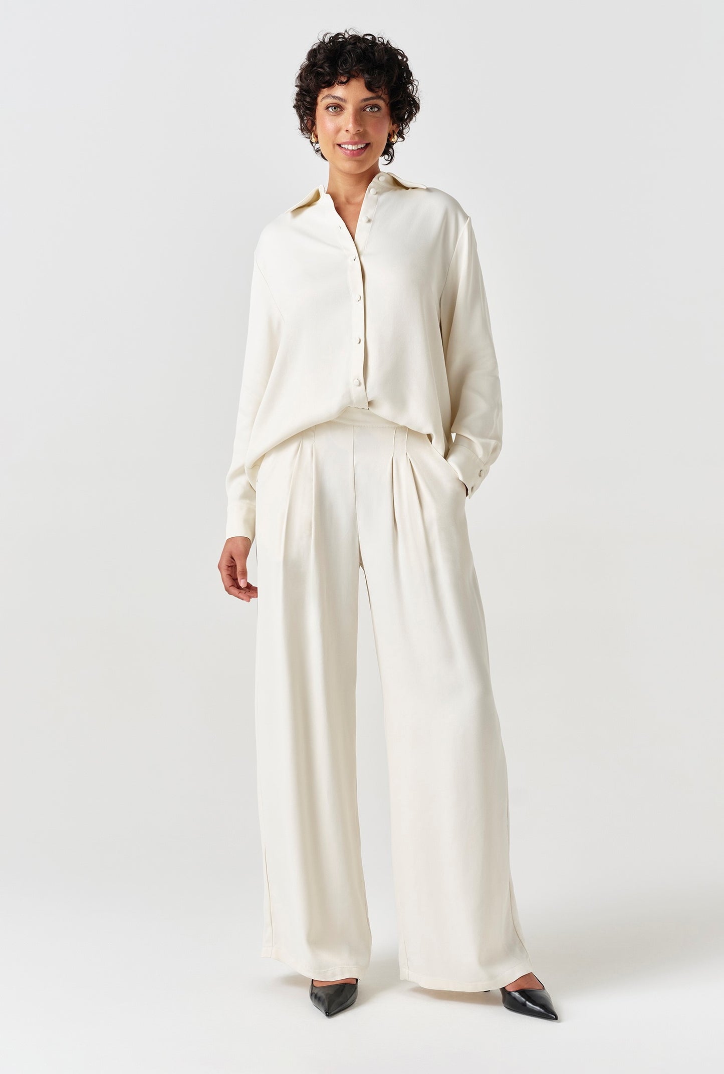 Andie Pleated Wide Leg Satin Trousers
