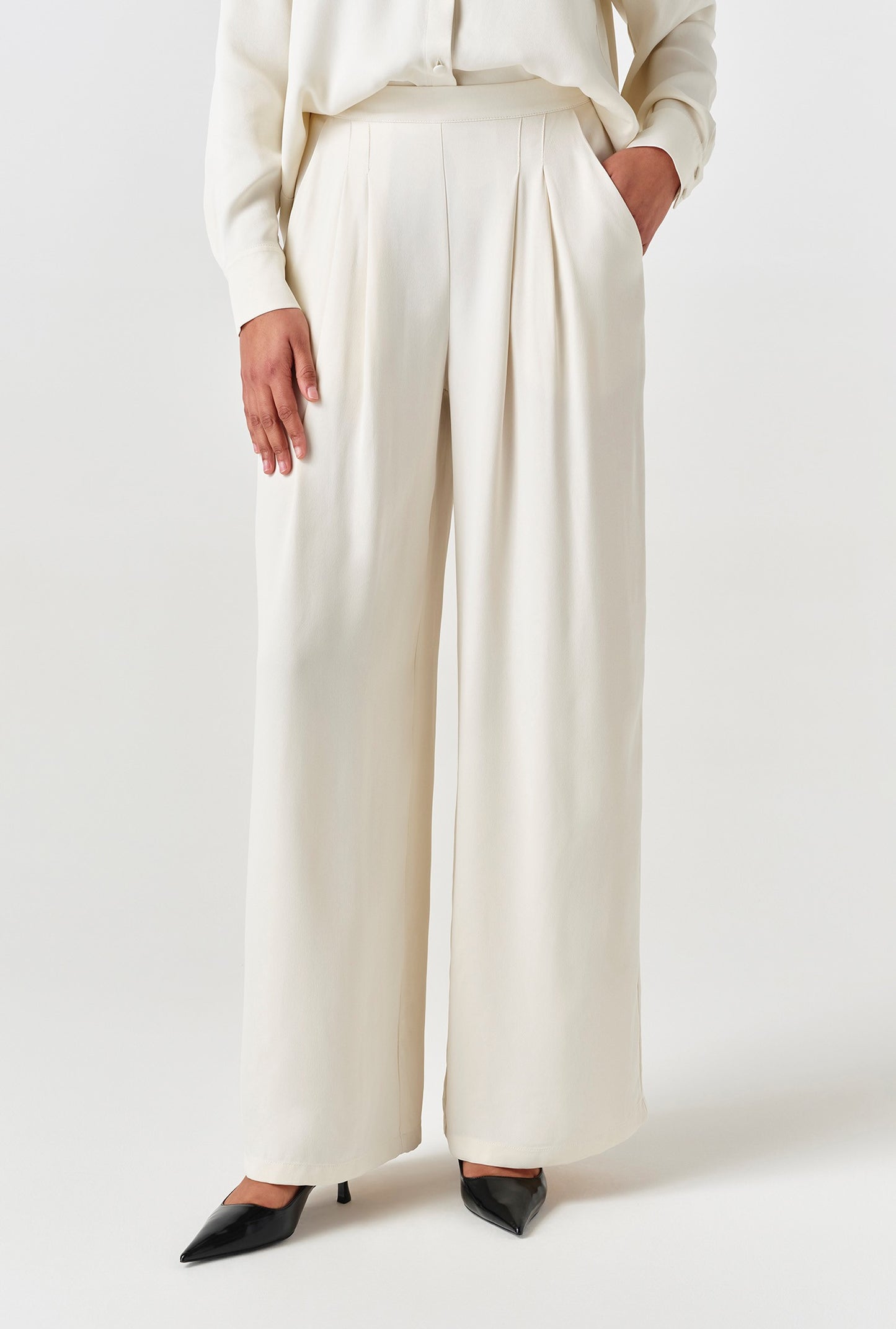 Andie Pleated Wide Leg Satin Trousers