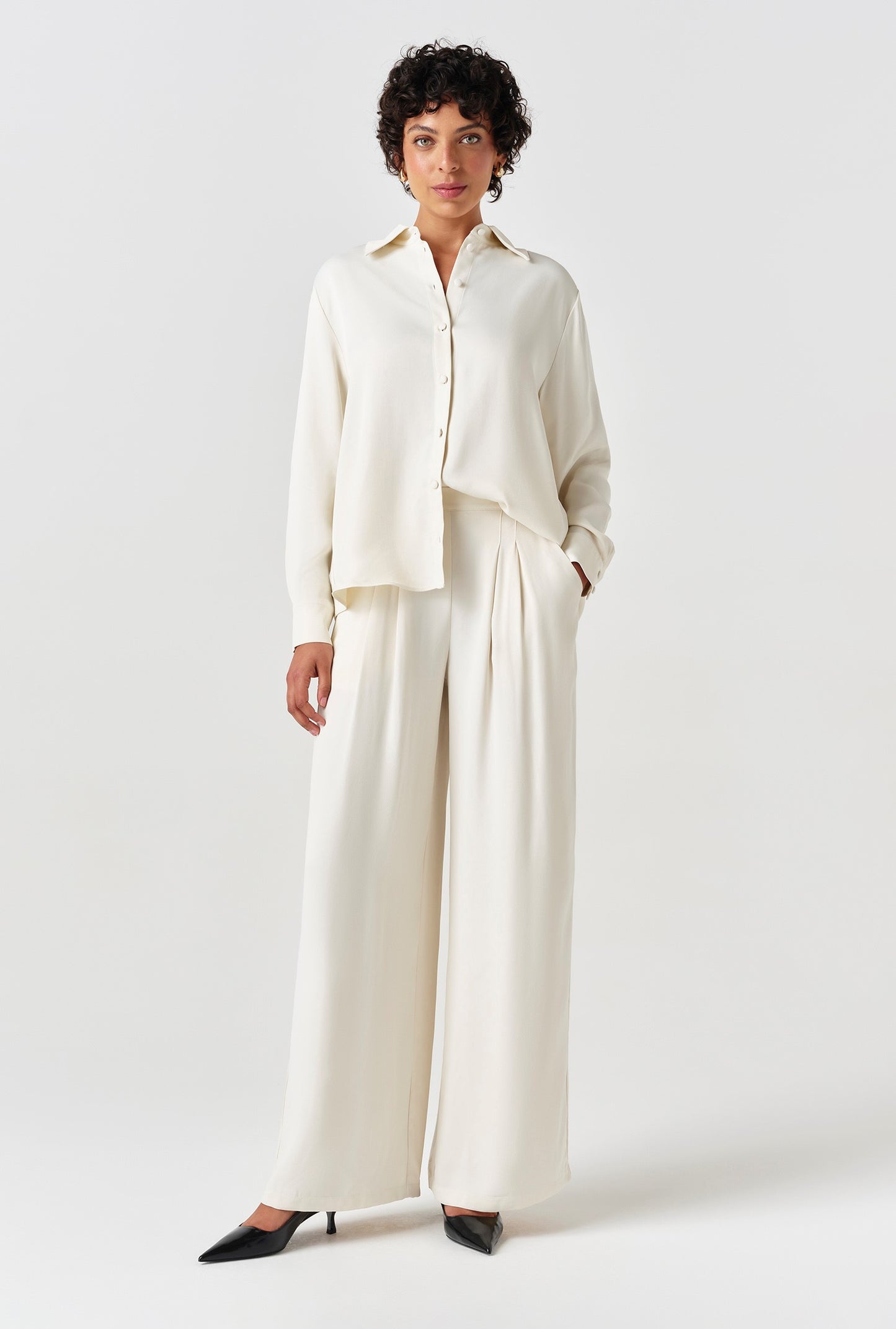 Andie Pleated Wide Leg Satin Trousers