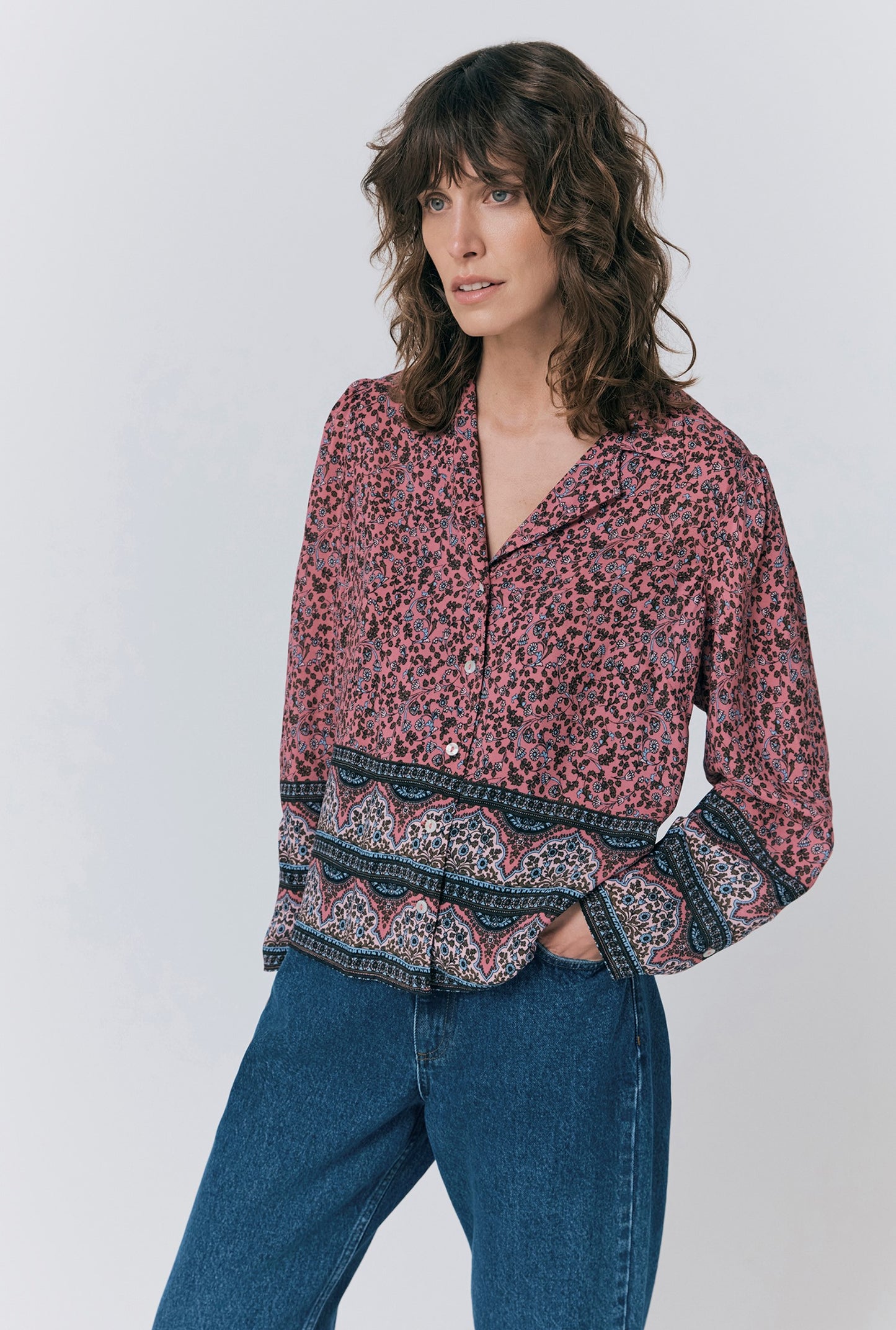 Lana Border Print Button Through Blouse