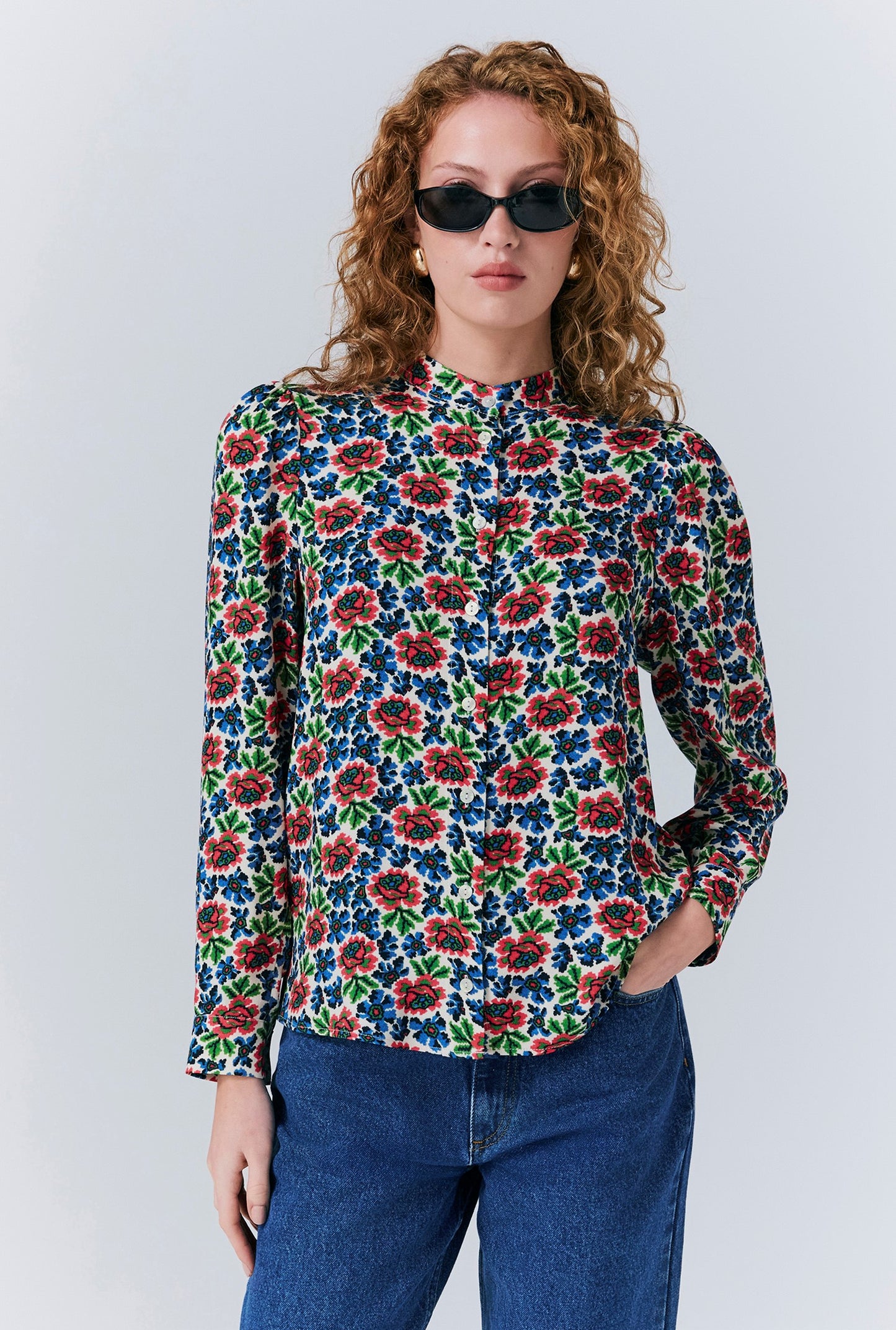Lydie Crepe Floral Button Up Blouse