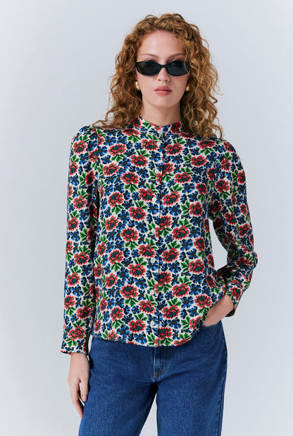 Lydie Crepe Floral Button Up Blouse