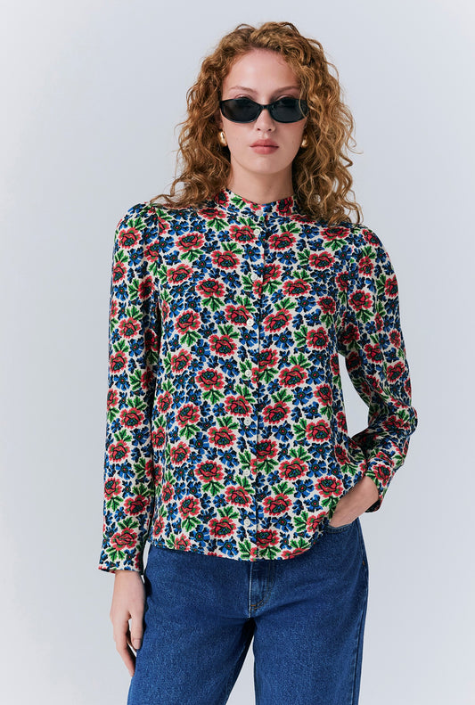 Lydie Crepe Floral Button Up Blouse