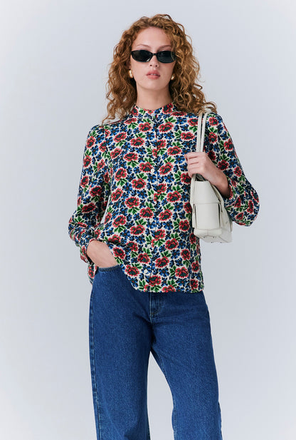 Lydie Crepe Floral Button Up Blouse