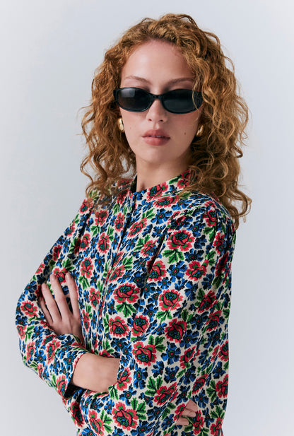 Lydie Crepe Floral Button Up Blouse